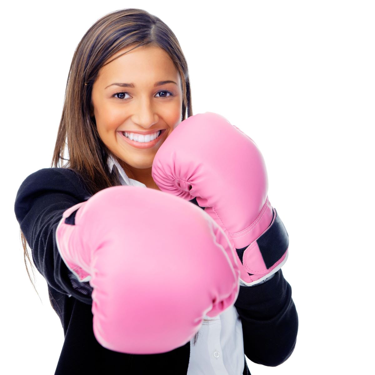 Businesswoman preparing for Houston fitness classes at work.